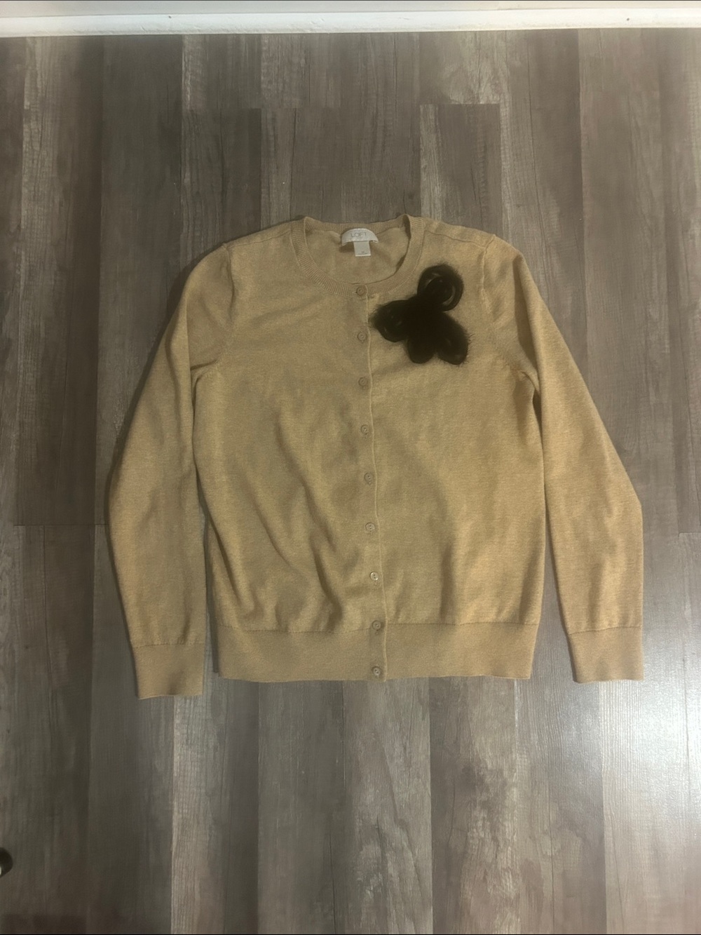 LOFT Women’s Cardigan 100% Cotton Tan Crewneck Button-Front with Bow Size Medium